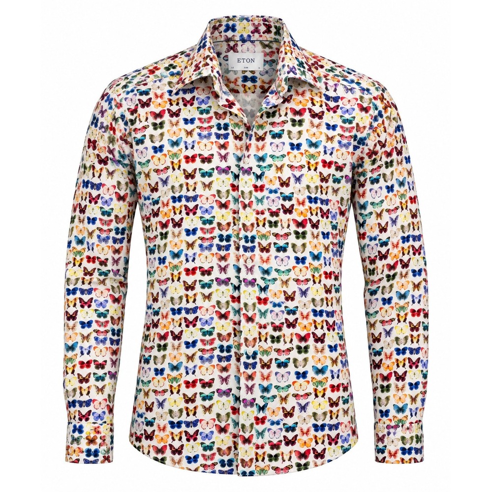 Eton Slim Fit Butterfly Print Cotton Button Down Shirt Mens 16.5 L Multicolor